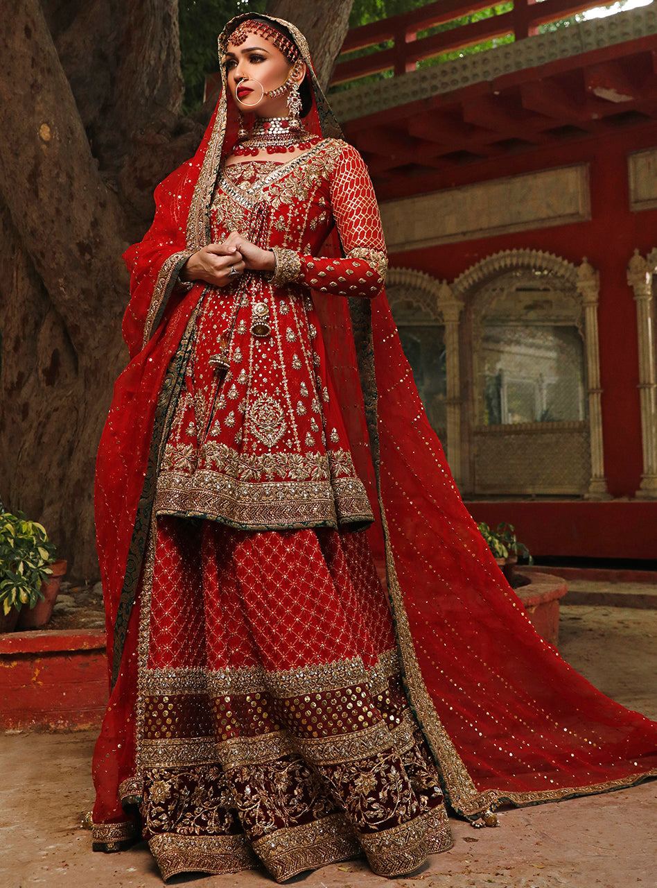 Red Embroidered Chiffon & Organza Angrakha (3-Piece) - Image 1