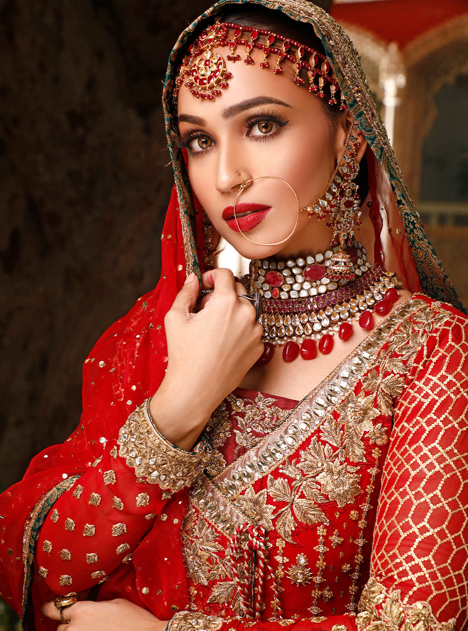 Red Embroidered Chiffon & Organza Angrakha (3-Piece) - Image 2