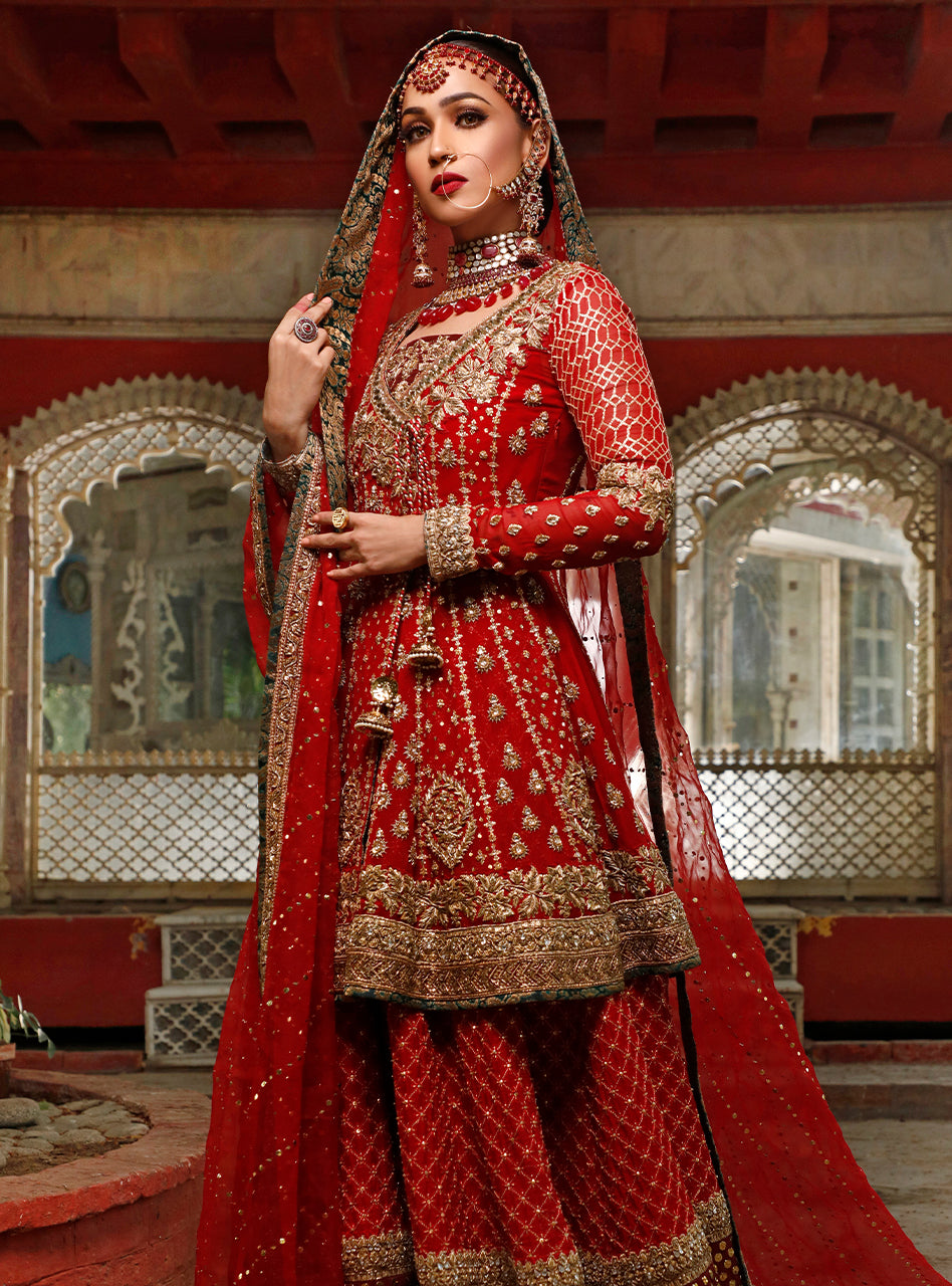 Red Embroidered Chiffon & Organza Angrakha (3-Piece) - Image 4