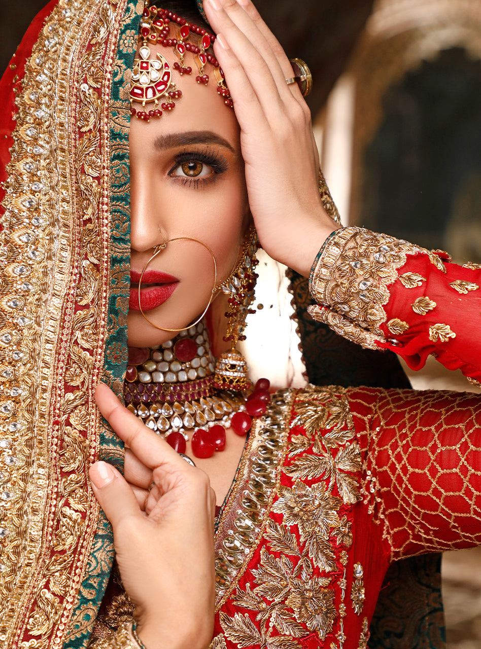 Red Embroidered Chiffon & Organza Angrakha (3-Piece) - Image 5