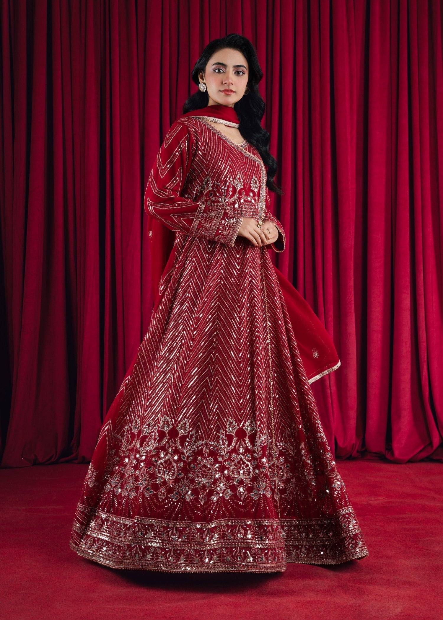 Pakistani Blood Red Embroidered Chiffon Angrakha (3-Piece) - Image 1