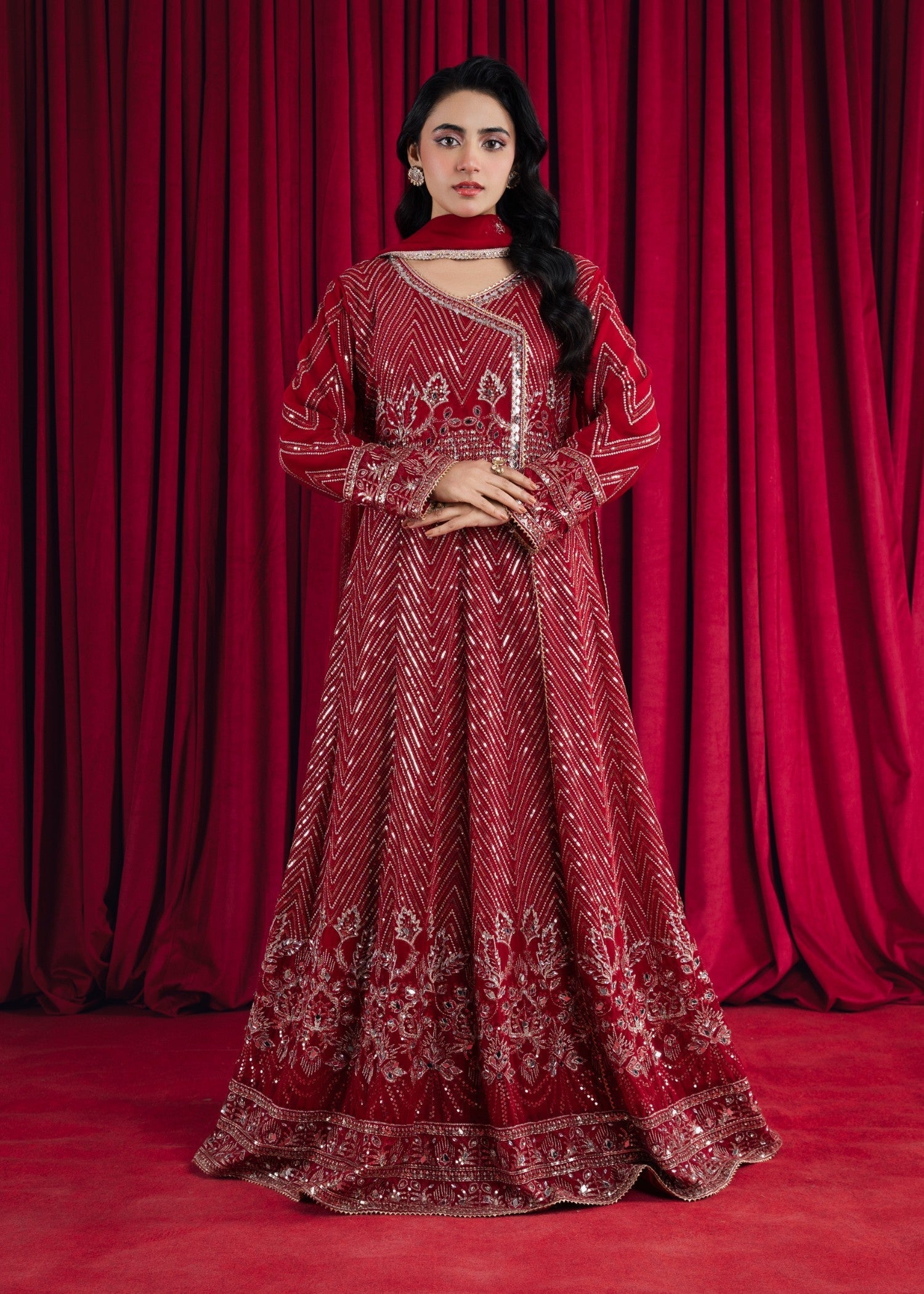 Pakistani Blood Red Embroidered Chiffon Angrakha (3-Piece) - Image 2