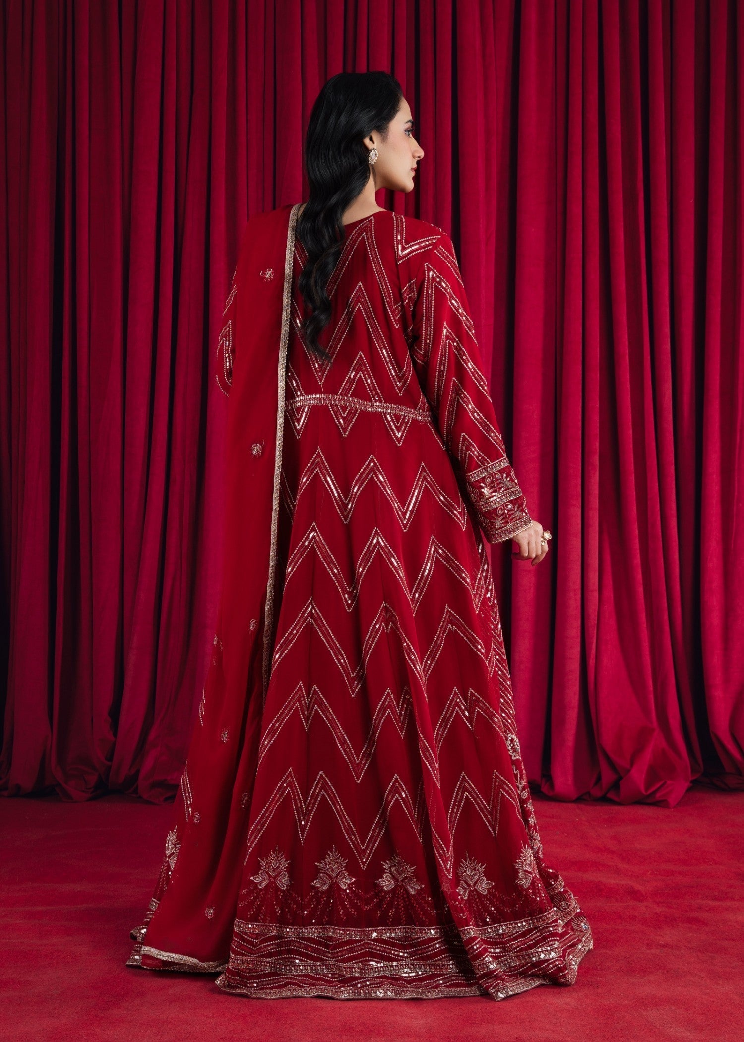 Pakistani Blood Red Embroidered Chiffon Angrakha (3-Piece) - Image 3