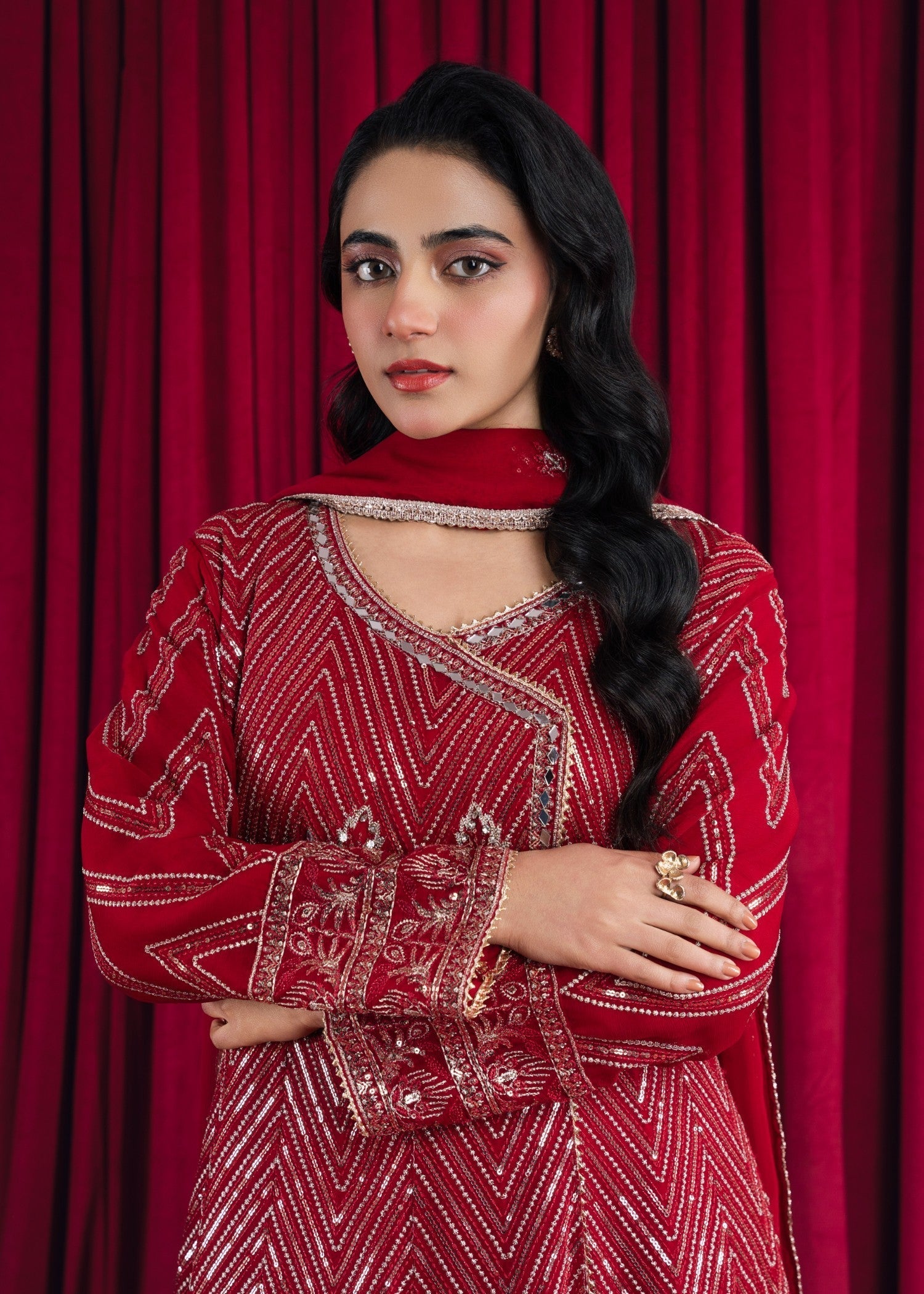 Pakistani Blood Red Embroidered Chiffon Angrakha (3-Piece) - Image 4