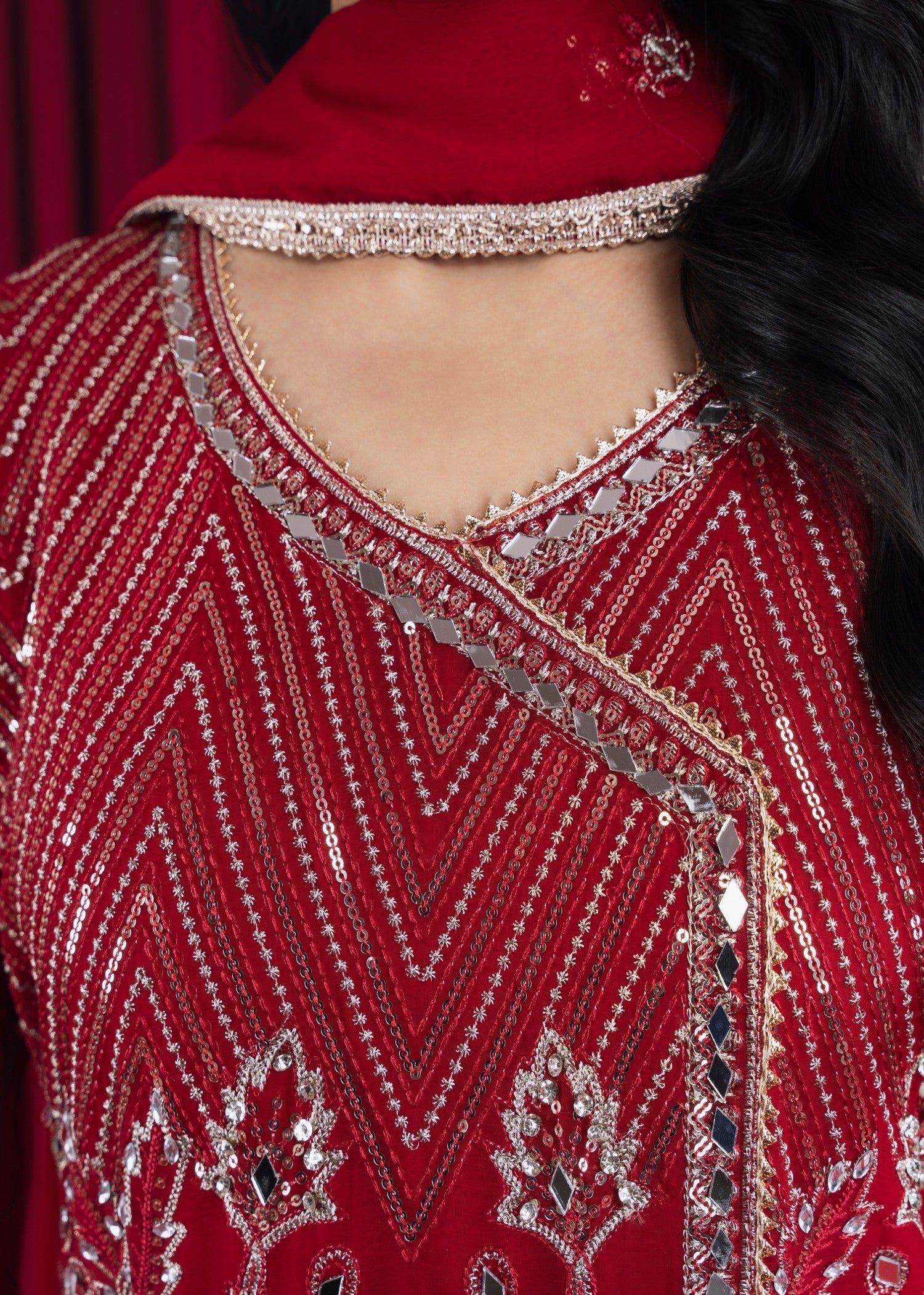 Pakistani Blood Red Embroidered Chiffon Angrakha (3-Piece) - Image 5