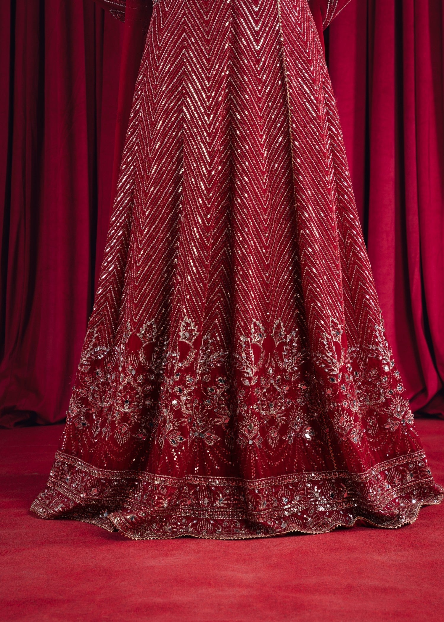 Pakistani Blood Red Embroidered Chiffon Angrakha (3-Piece) - Image 6