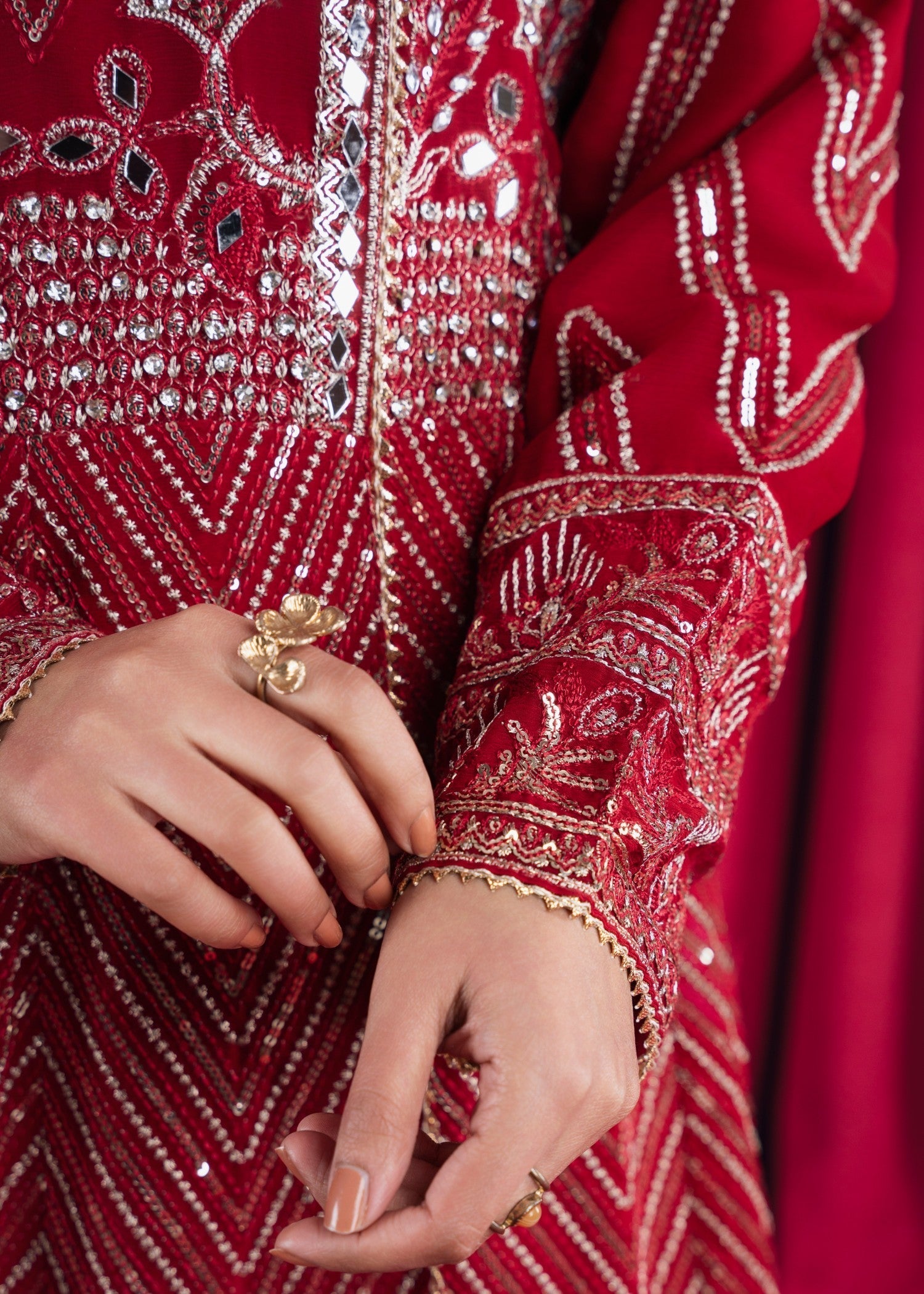 Pakistani Blood Red Embroidered Chiffon Angrakha (3-Piece) - Image 7