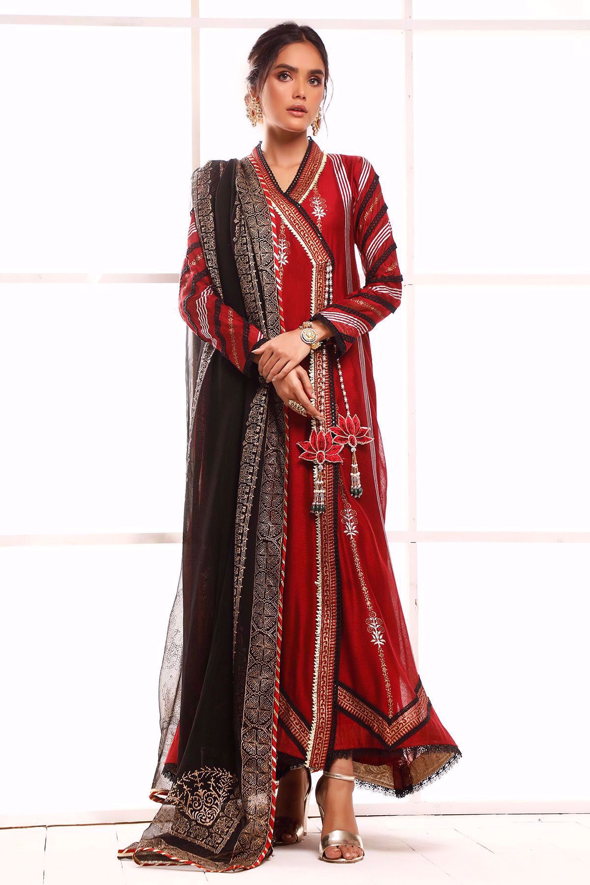 Red Hand Block Printed Cotton Net Angharka (2-Piece) - Image 1