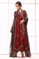 Red Hand Block Printed Cotton Net Angharka (2-Piece) - Image 3