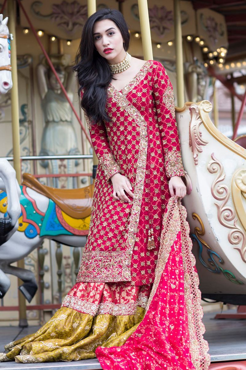 Pakistani Cranberry Red Zardozi Cotton-Silk Net Angrakha (3-Piece) - Image 1