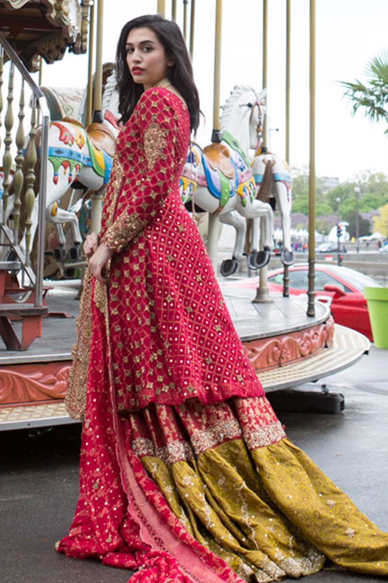 Pakistani Cranberry Red Zardozi Cotton-Silk Net Angrakha (3-Piece) - Image 2