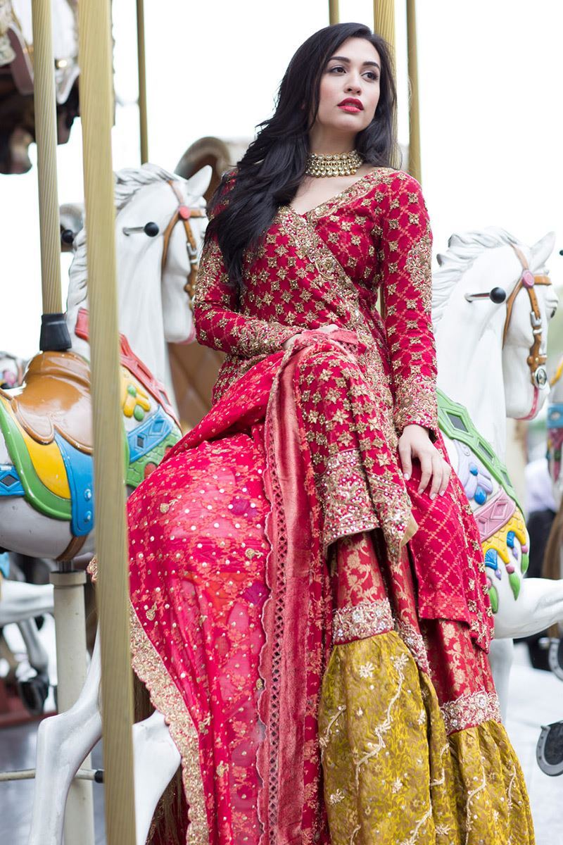 Pakistani Cranberry Red Zardozi Cotton-Silk Net Angrakha (3-Piece) - Image 3