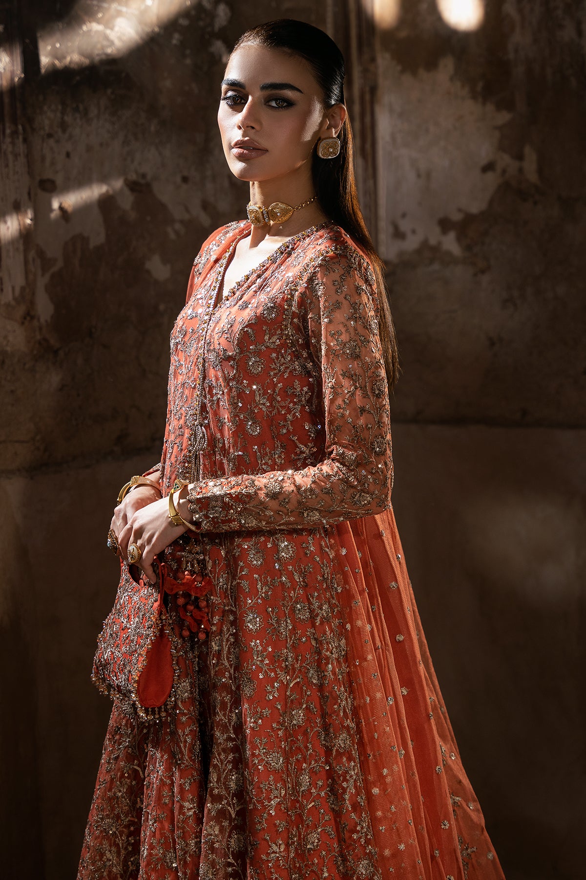 Rust Embroidered Kattan Silk Angrakha (3-Piece) - Image 2