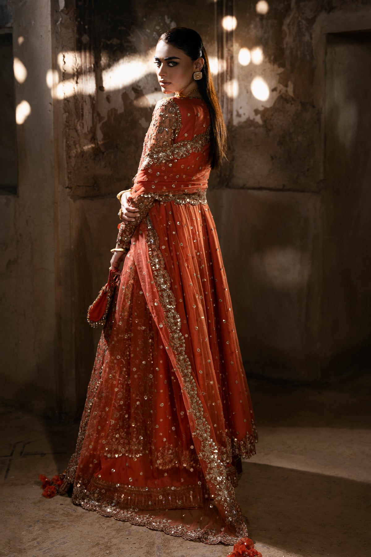 Rust Embroidered Kattan Silk Angrakha (3-Piece) - Image 3