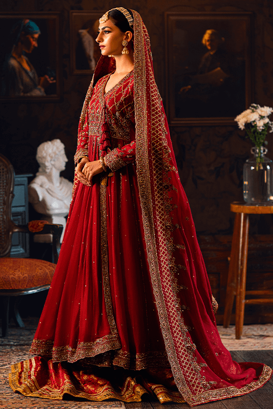 Red Embellished Khaddi Net Angrakha (3-Piece) - Image 4