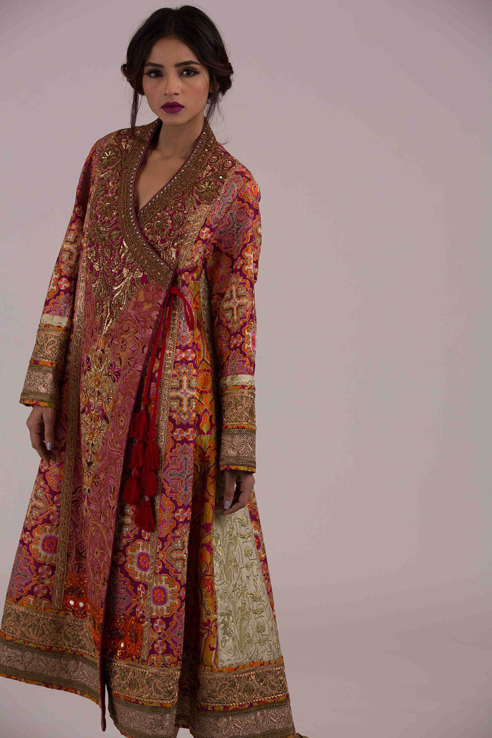 Pakistani Red Gold Embroidered Khaddi Silk Angrakha (2-Piece) - Image 1
