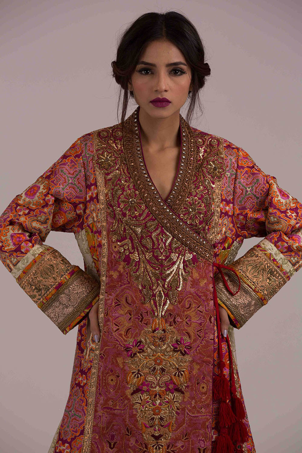 Pakistani Red Gold Embroidered Khaddi Silk Angrakha (2-Piece) - Image 2