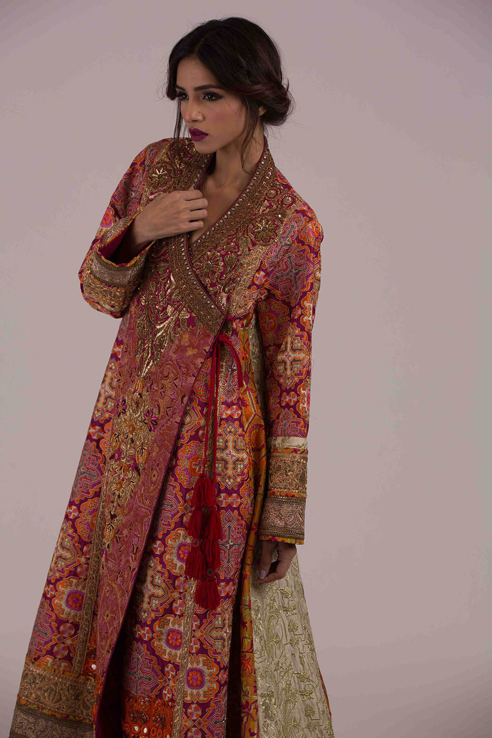 Pakistani Red Gold Embroidered Khaddi Silk Angrakha (2-Piece) - Image 3