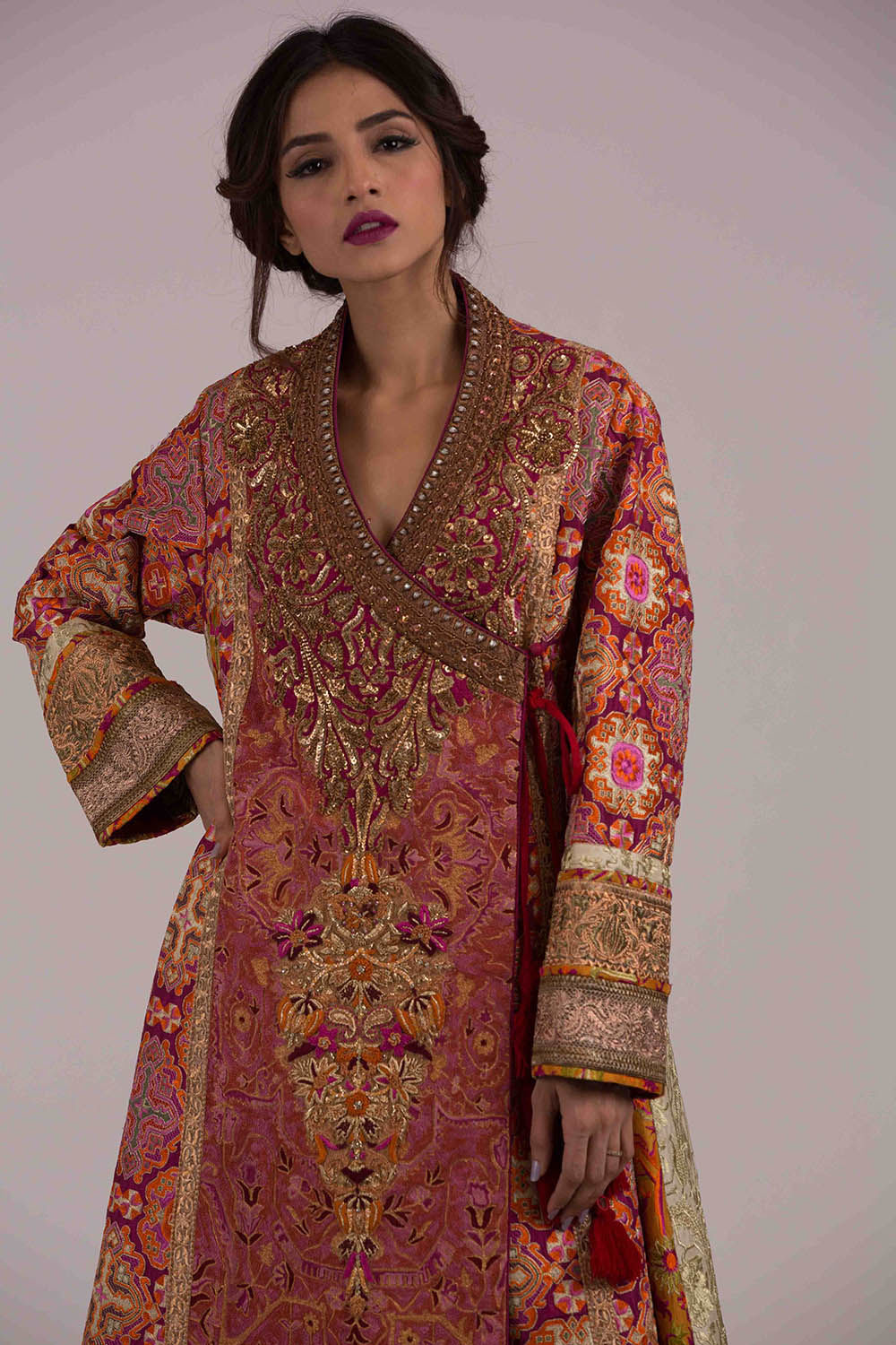 Pakistani Red Gold Embroidered Khaddi Silk Angrakha (2-Piece) - Image 4