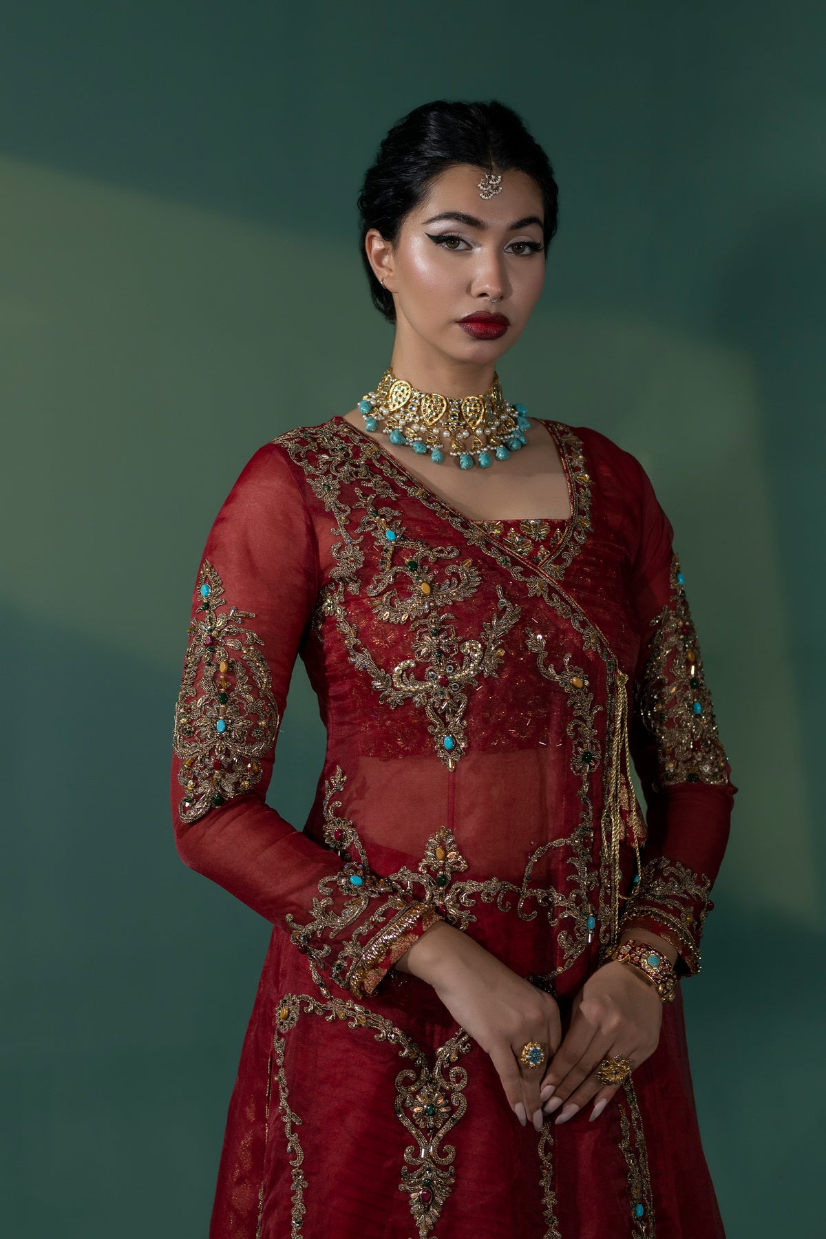 Pakistani Deep Red Embroidered Organza Angrakha Dress (3-Piece) - Image 1