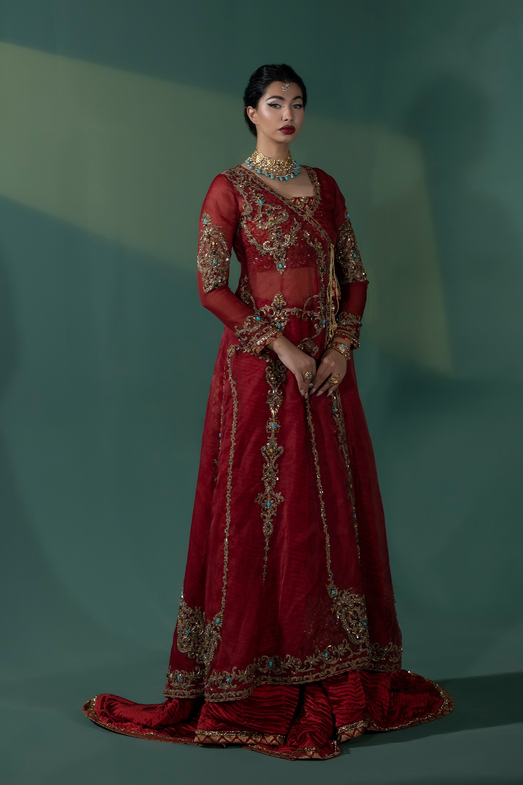 Pakistani Deep Red Embroidered Organza Angrakha Dress (3-Piece) - Image 3