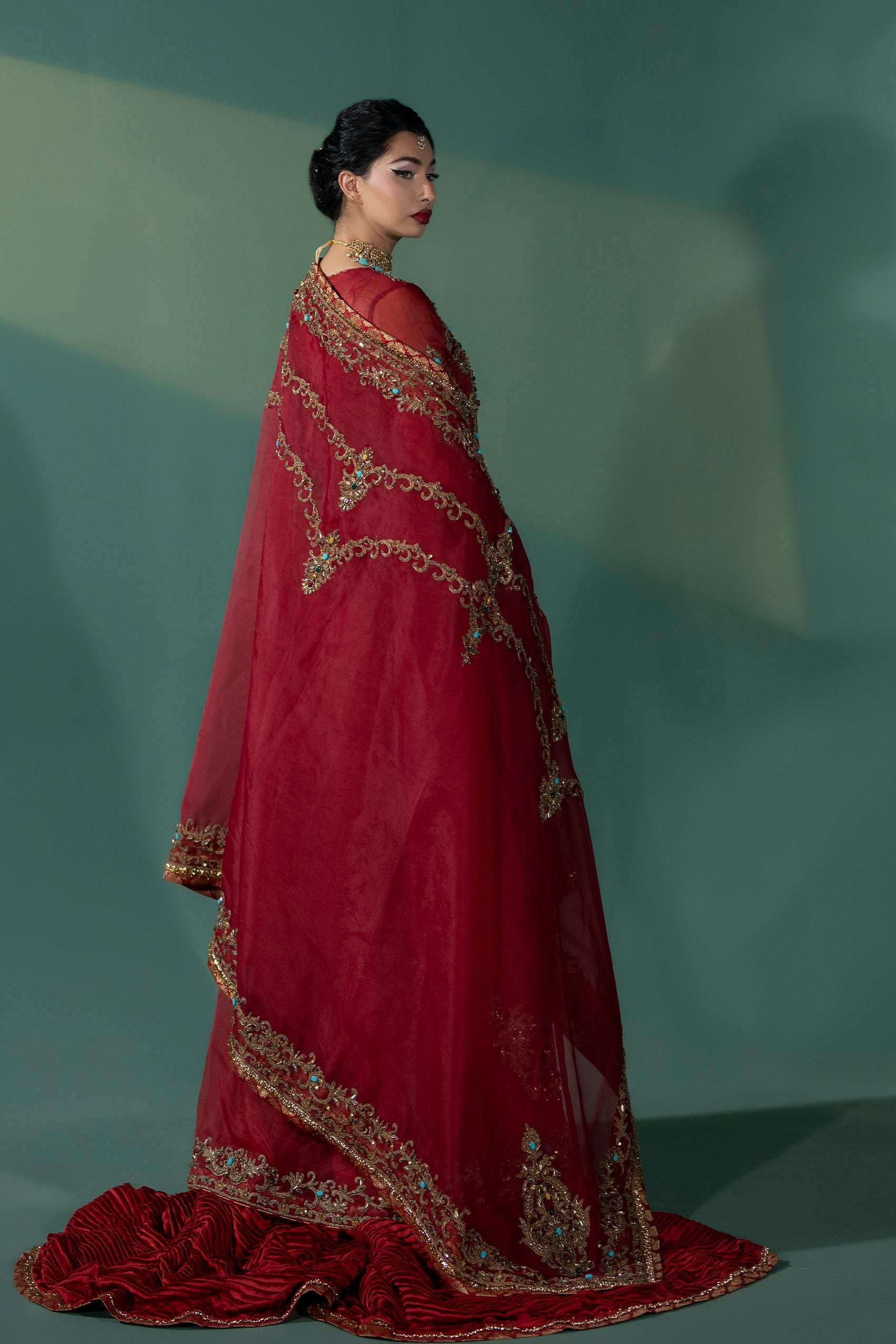 Pakistani Deep Red Embroidered Organza Angrakha Dress (3-Piece) - Image 4