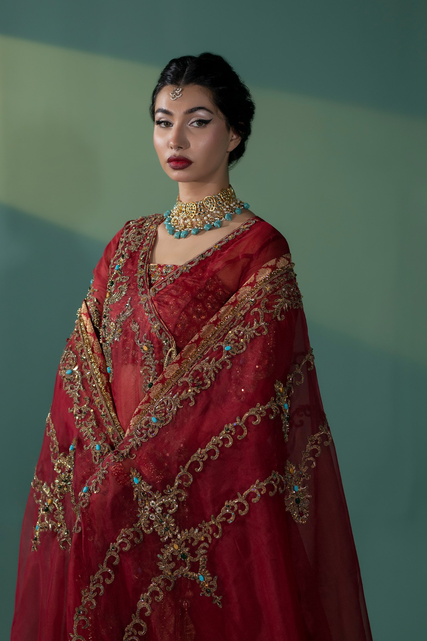 Pakistani Deep Red Embroidered Organza Angrakha Dress (3-Piece) - Image 5