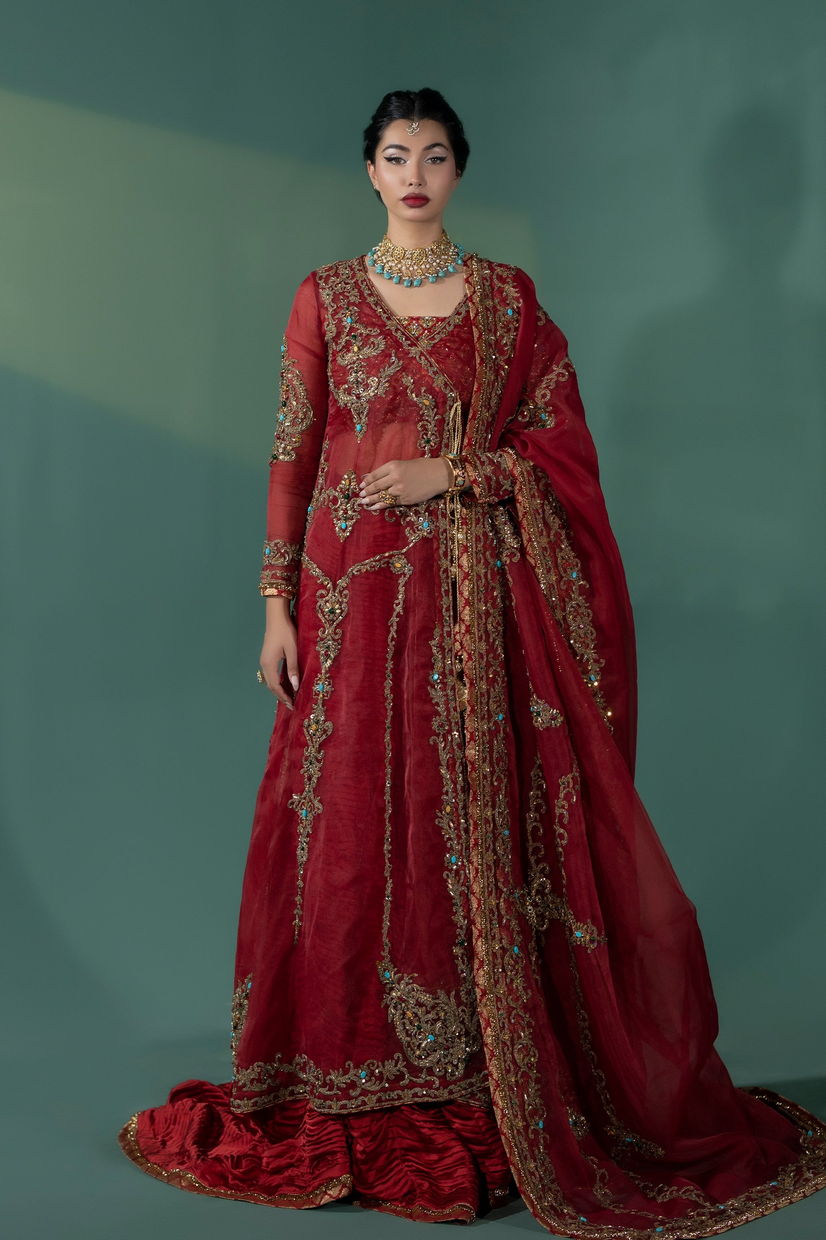 Pakistani Deep Red Embroidered Organza Angrakha Dress (3-Piece) - Image 7