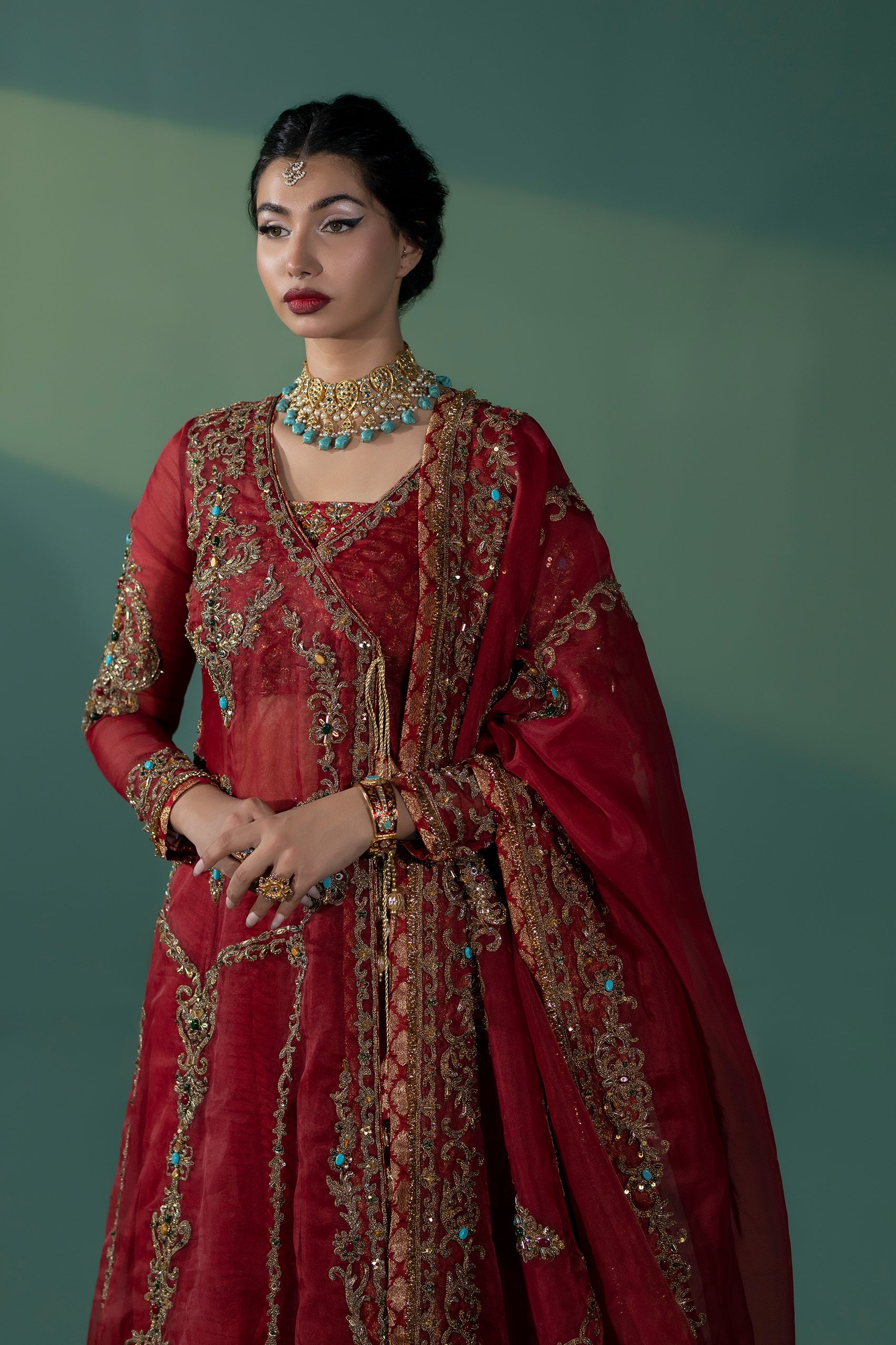 Pakistani Deep Red Embroidered Organza Angrakha Dress (3-Piece) - Image 8