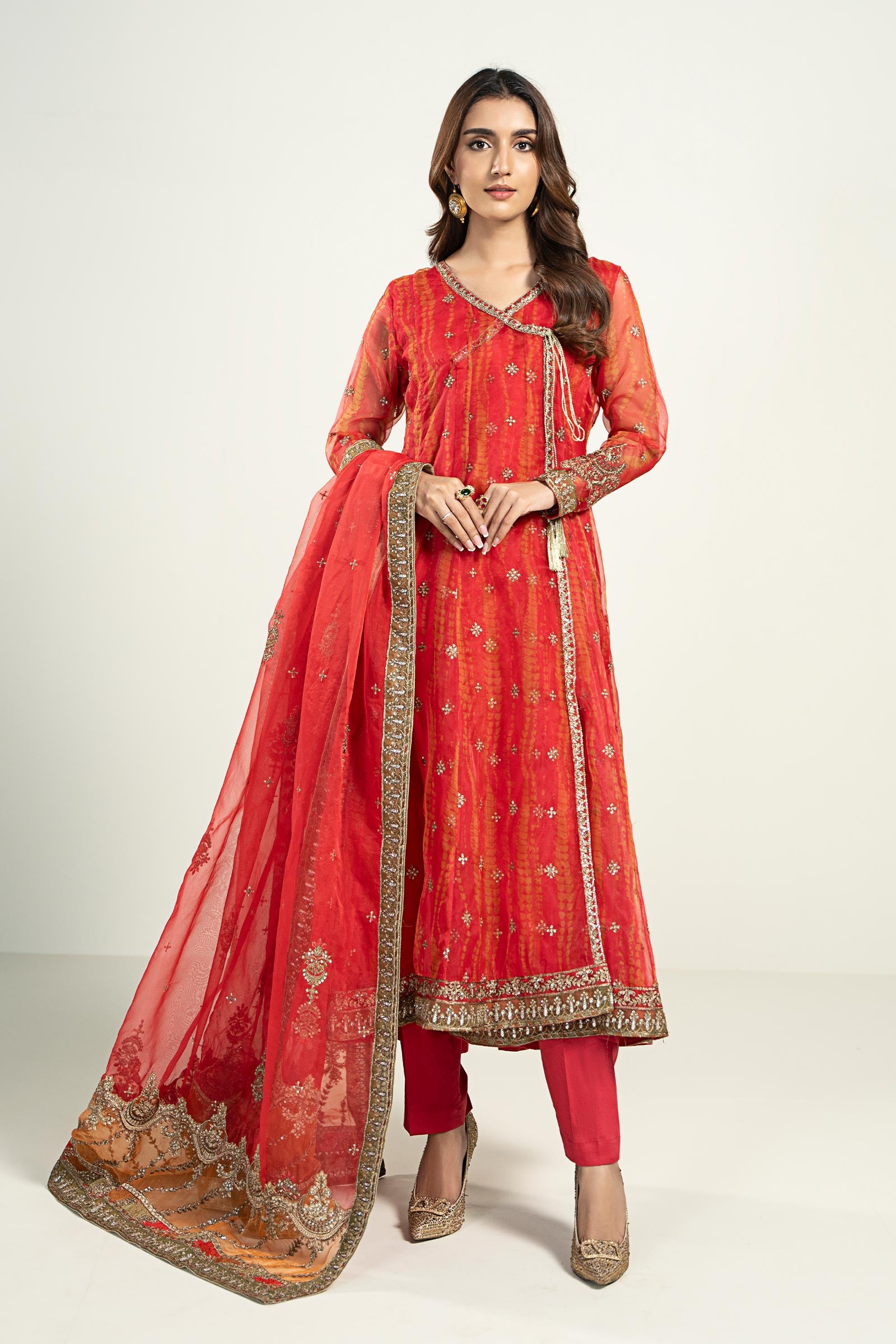 Pakistani Red Embroidered Organza Angrakha Frock (3-Piece) - Image 1