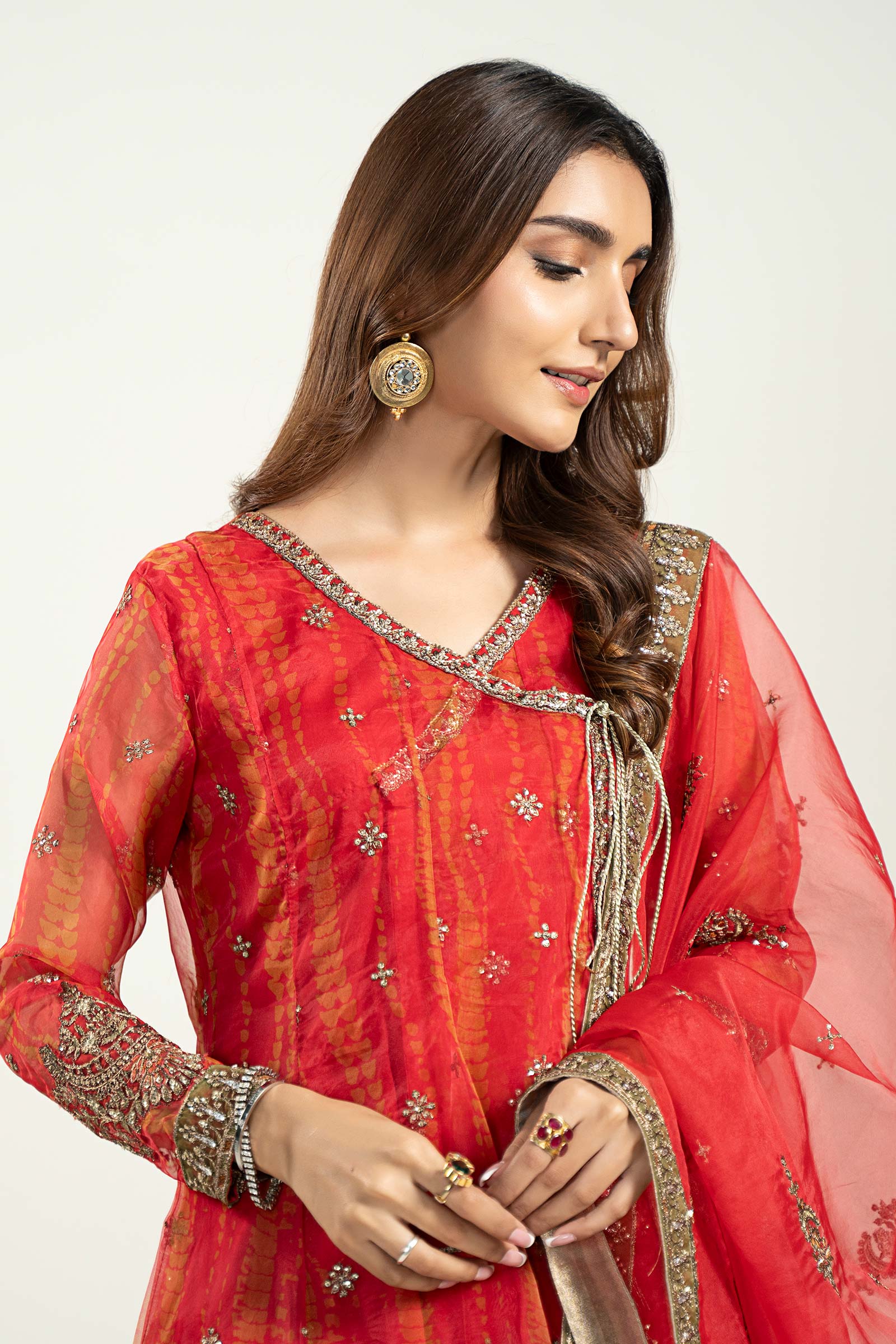 Pakistani Red Embroidered Organza Angrakha Frock (3-Piece) - Image 2