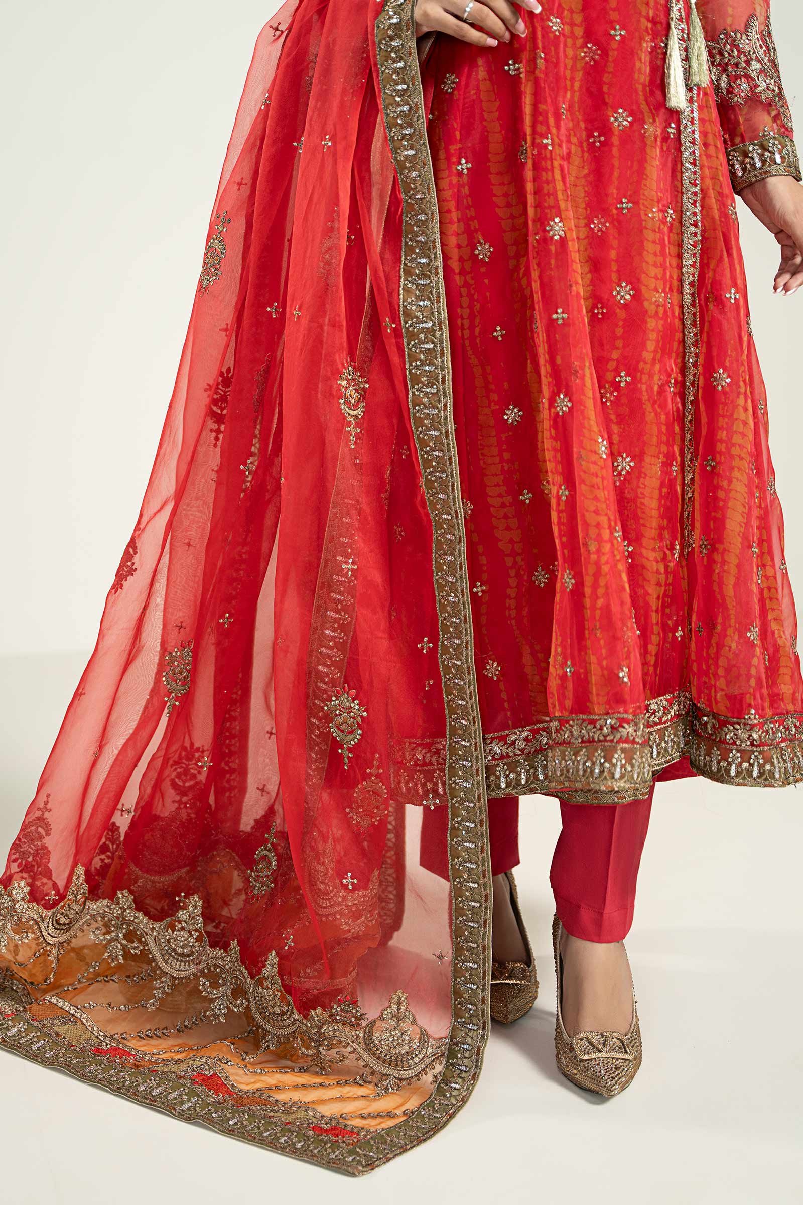 Pakistani Red Embroidered Organza Angrakha Frock (3-Piece) - Image 3