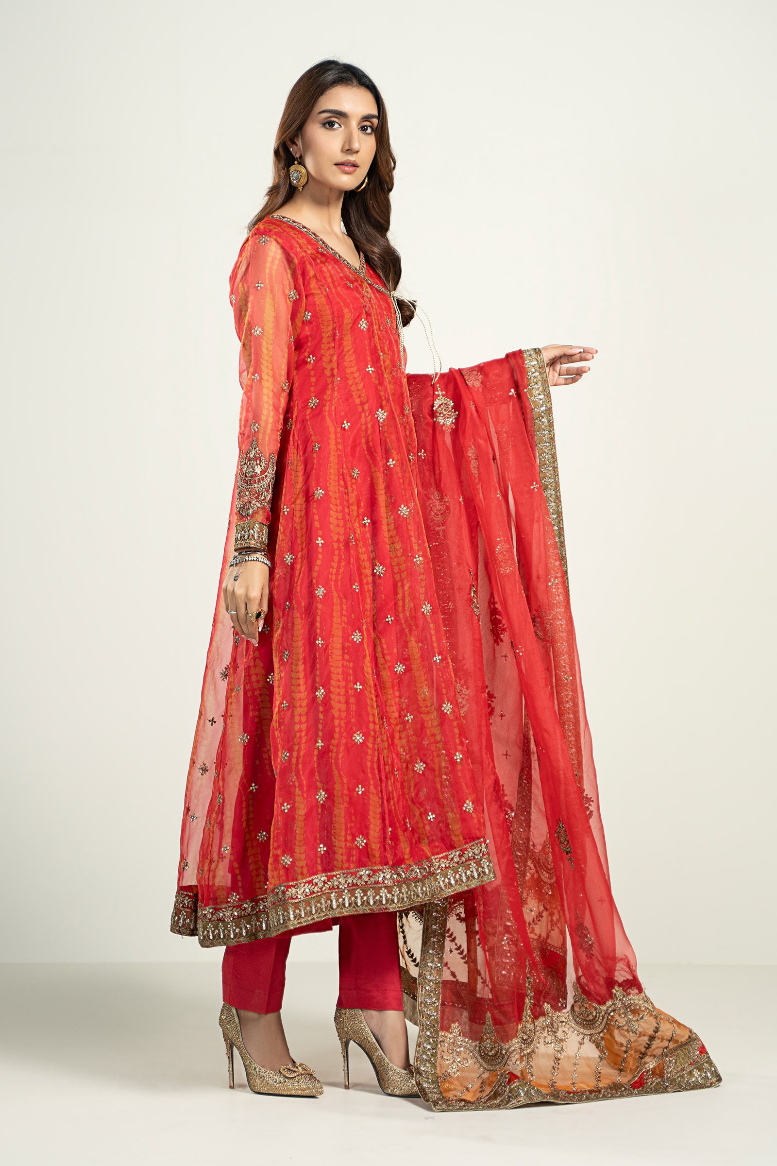 Pakistani Red Embroidered Organza Angrakha Frock (3-Piece) - Image 4
