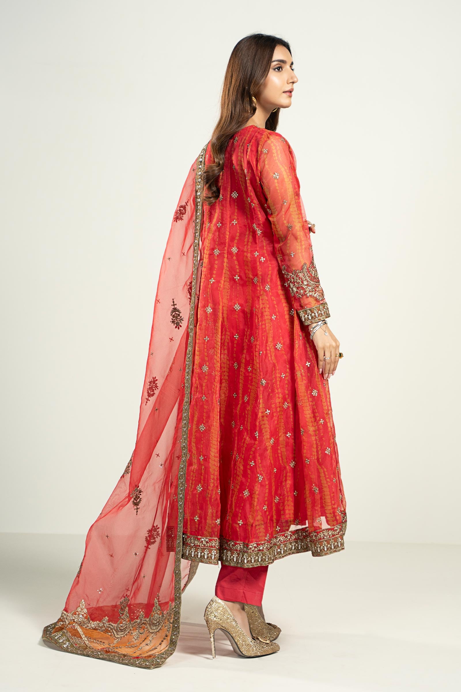 Pakistani Red Embroidered Organza Angrakha Frock (3-Piece) - Image 5