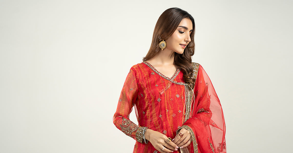Pakistani Red Embroidered Organza Angrakha Frock (3-Piece) - Image 6