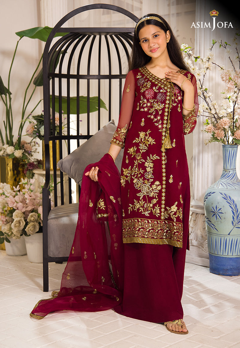 Deep Red Embroidered Organza Angrakha Dress (3-Piece) - Image 1