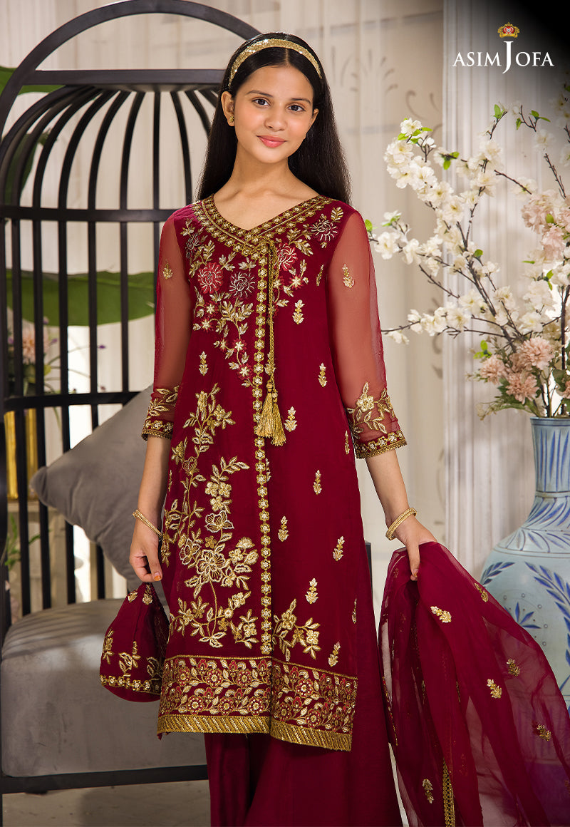 Deep Red Embroidered Organza Angrakha Dress (3-Piece) - Image 2