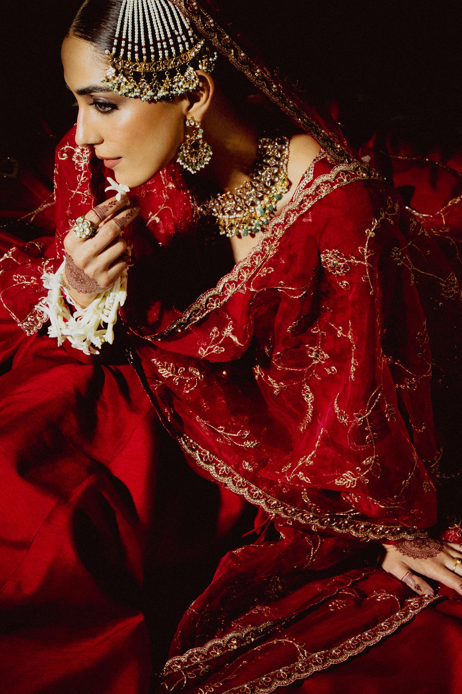 Pakistani Red Zardozi Raw Silk Angrakha Dress (3-Piece) - Image 3