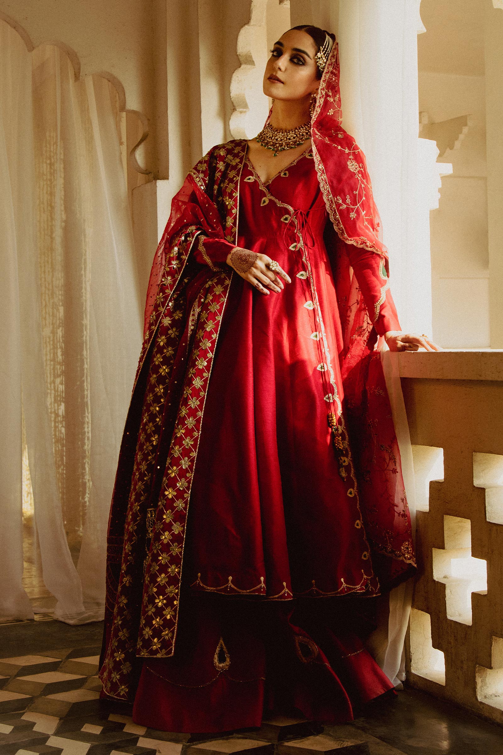 Pakistani Red Zardozi Raw Silk Angrakha Dress (3-Piece) - Image 4
