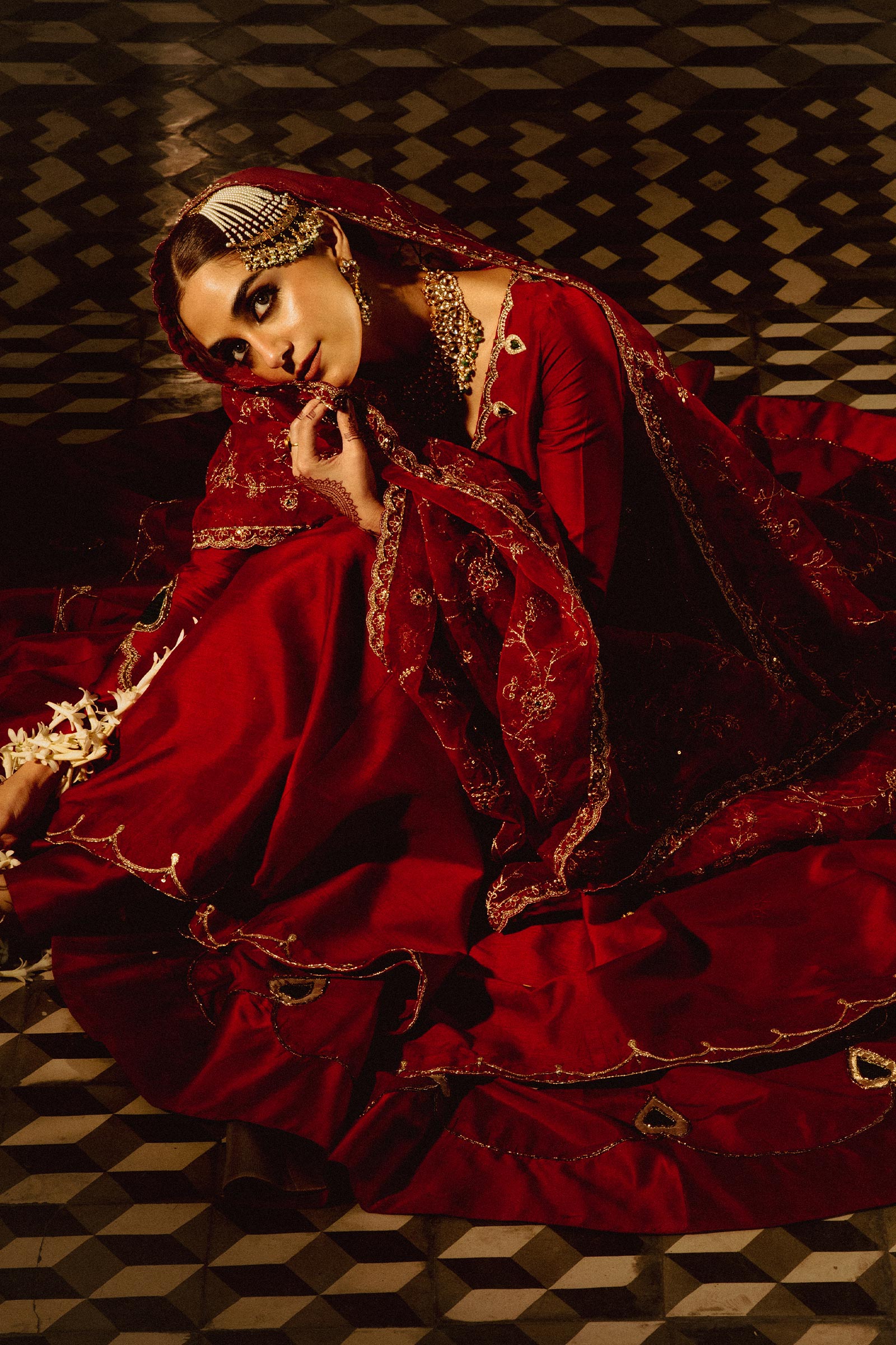Pakistani Red Zardozi Raw Silk Angrakha Dress (3-Piece) - Image 6