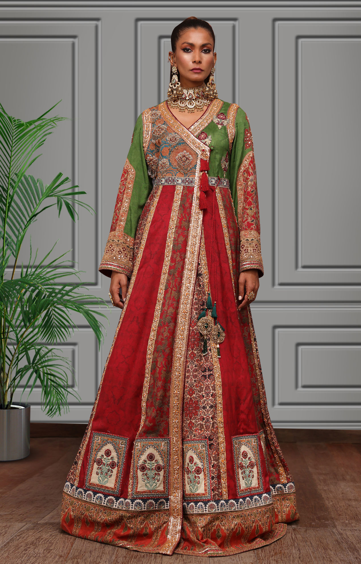 Pakistani Red & Green Embroidered Silk Angarkha (2-Piece) - Image 1