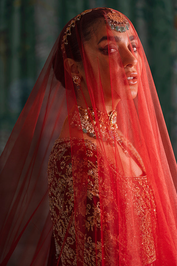 Pakistani Ruby Red Embroidered Silk Angrakha Dress (2-Piece) - Image 3