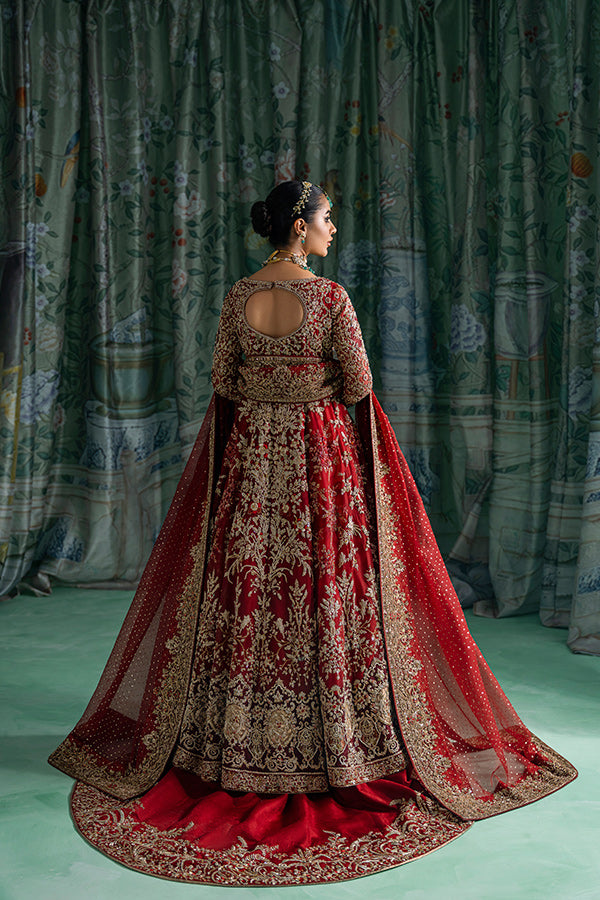 Pakistani Ruby Red Embroidered Silk Angrakha Dress (2-Piece) - Image 5