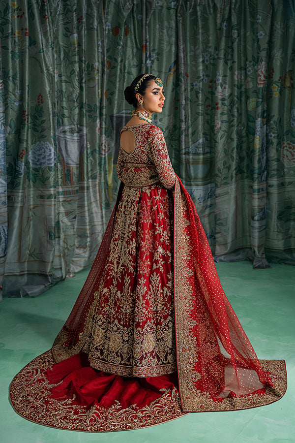 Pakistani Ruby Red Embroidered Silk Angrakha Dress (2-Piece) - Image 8