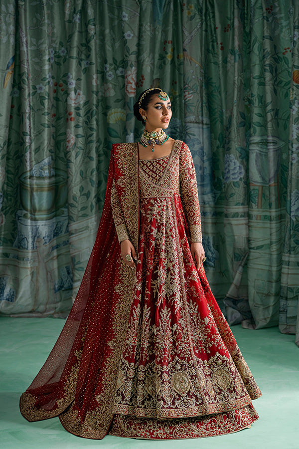 Pakistani Ruby Red Embroidered Silk Angrakha Dress (2-Piece) - Image 9