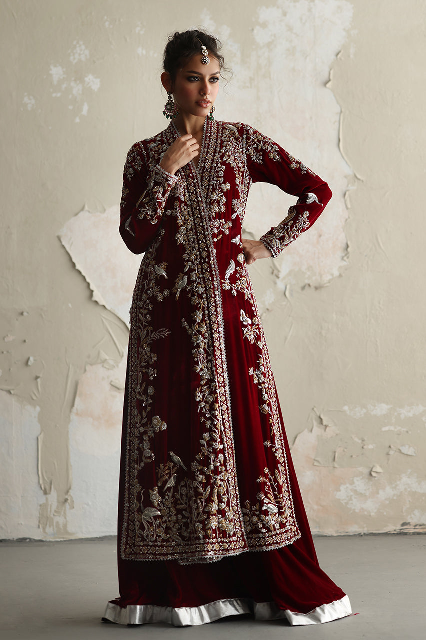 Pakistani Deep Red Zardozi Velvet Angrakha Chogha (2-Piece) - Image 1