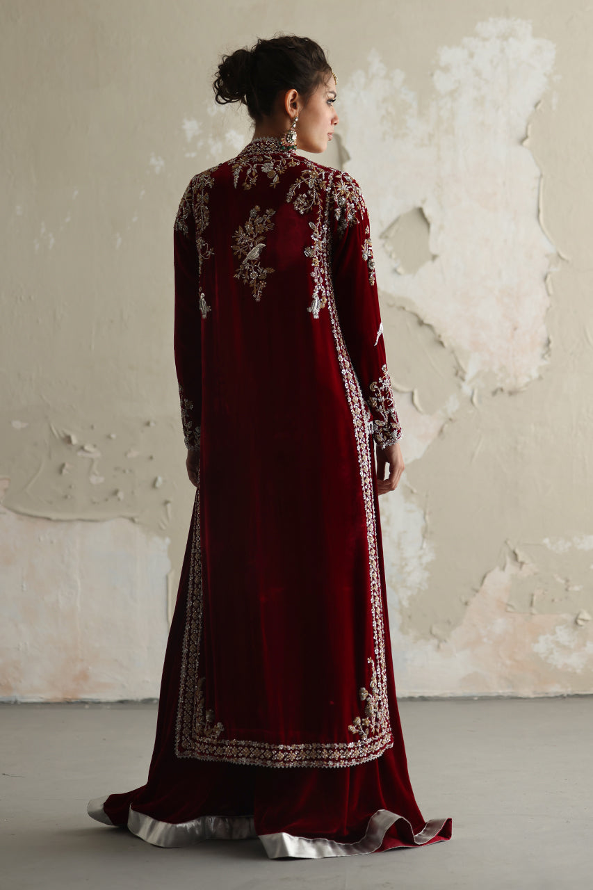 Pakistani Deep Red Zardozi Velvet Angrakha Chogha (2-Piece) - Image 2