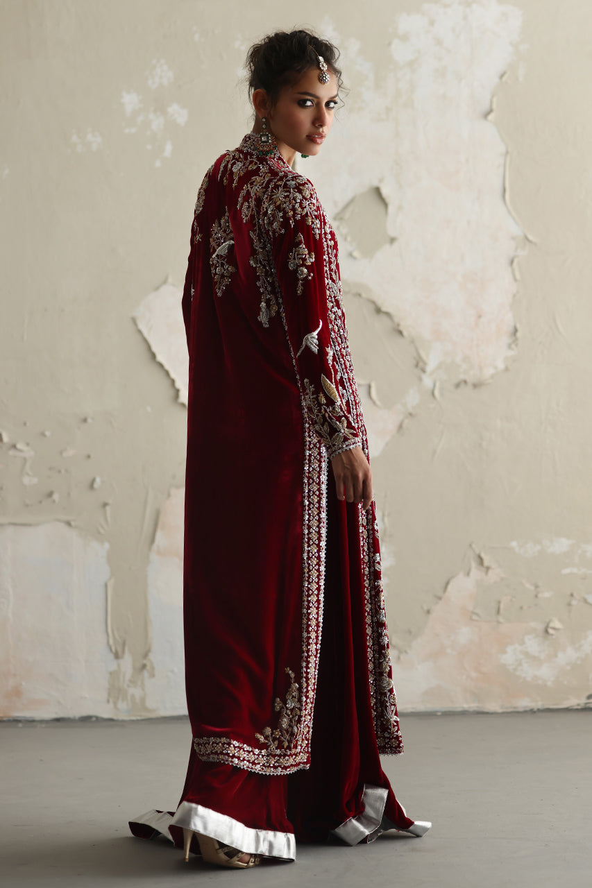 Pakistani Deep Red Zardozi Velvet Angrakha Chogha (2-Piece) - Image 3