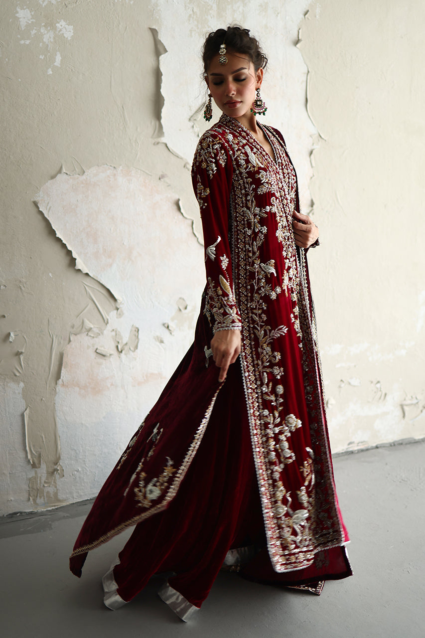 Pakistani Deep Red Zardozi Velvet Angrakha Chogha (2-Piece) - Image 4
