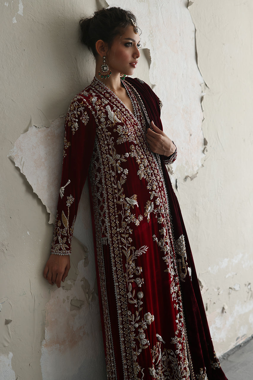 Pakistani Deep Red Zardozi Velvet Angrakha Chogha (2-Piece) - Image 5